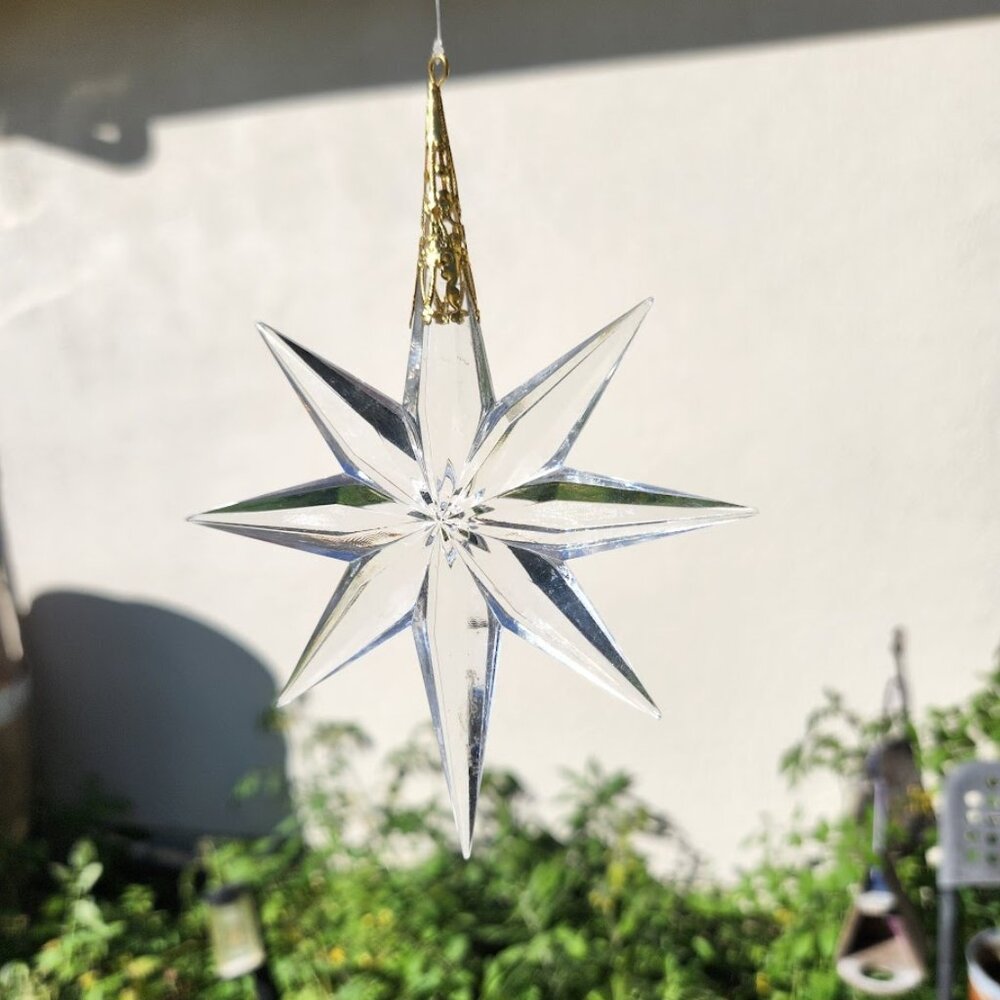 Vintage Holiday Christmas Ornament Cut Prism Acrylic Clear Gold Star Christmas T